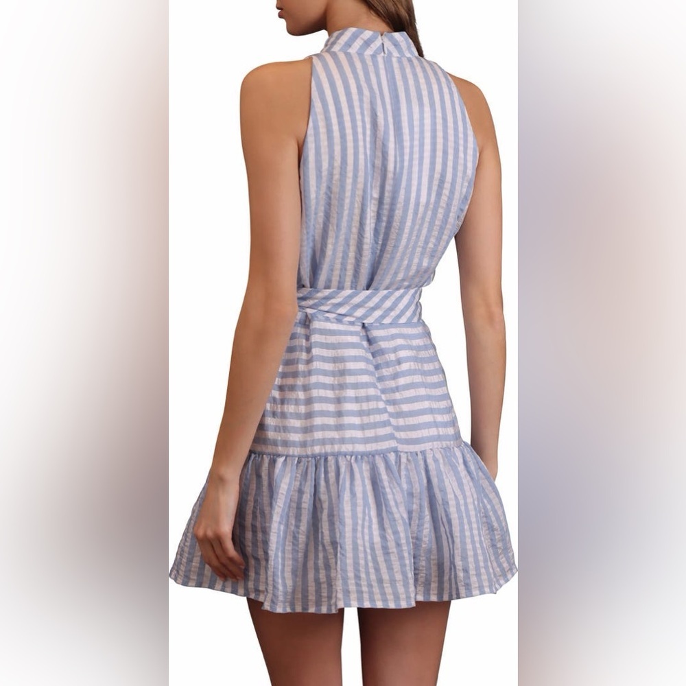 NWT Avec Les Filles Blue & White Striped High-Neck Ruffle Hem Mini Dress Size 12 - Picture 2 of 8